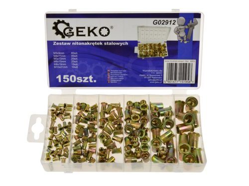Geko acél szegecsanya, M3-M10, 150db-os